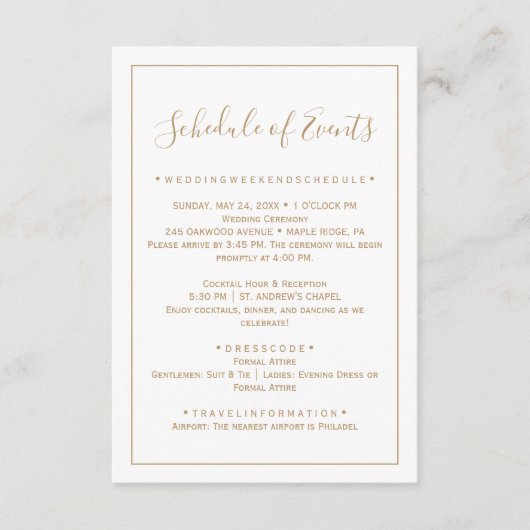 Roos Gold Minimalistische Wedding Schedule Kaart (Voorkant)