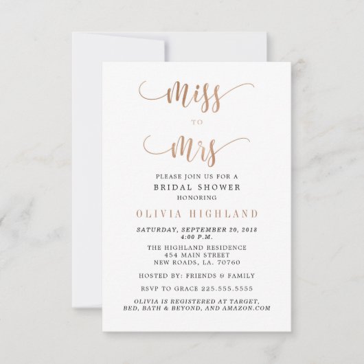 Roos Gold Miss voor Mrs. Bridal Shower Invitations Kaart (Voorkant)