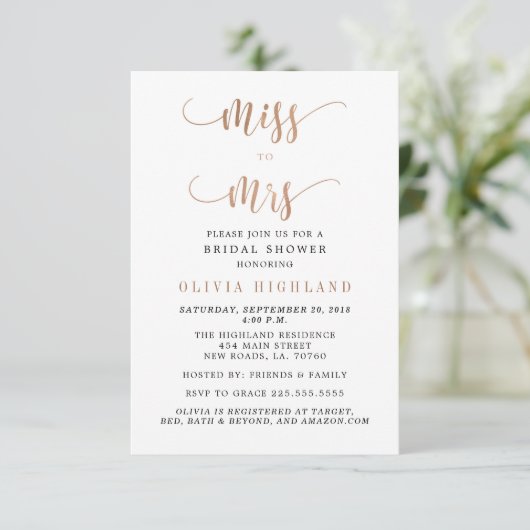 Roos Gold Miss voor Mrs. Bridal Shower Invitations Kaart (Staand voorkant)