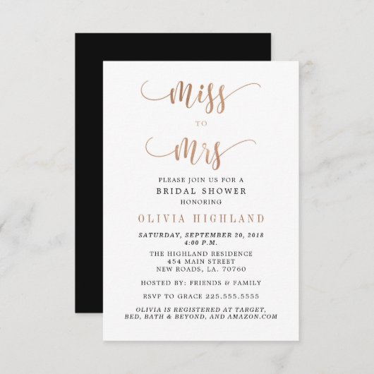 Roos Gold Miss voor Mrs. Bridal Shower Invitations Kaart (Voorkant / Achterkant)