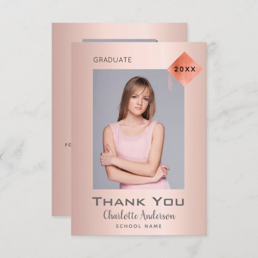 Roos Gold Modern afstuderen Dank u kaart (Voorkant / Achterkant)