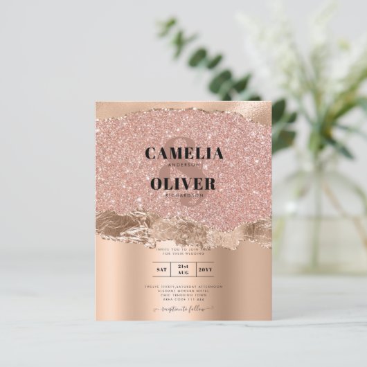 Roos Gold Modern Glamor Wedding Invite (Staand voorkant)