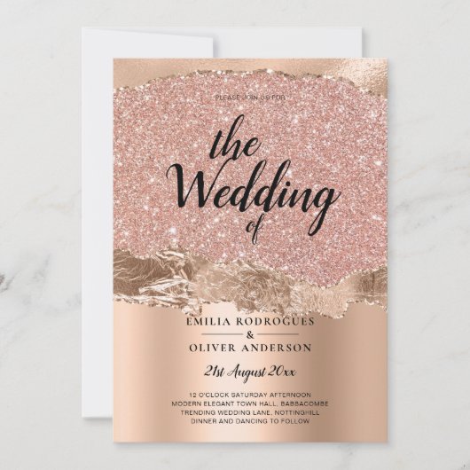 Roos Gold Modern Glamor Wedding Invite Kaart (Voorkant)