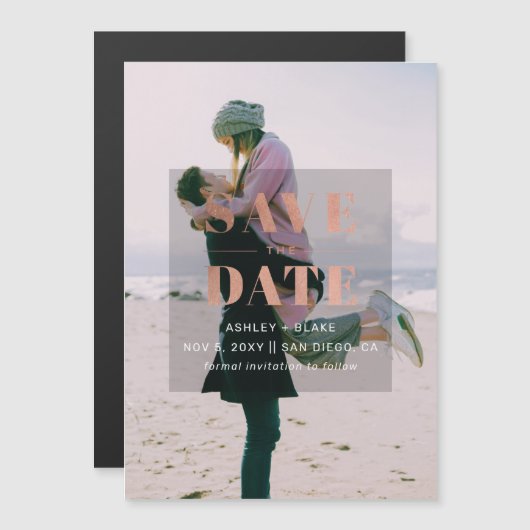 Roos Gold Modern Minimalist Foto Save the Date Magnetische Uitnodiging (Voorkant / Achterkant)