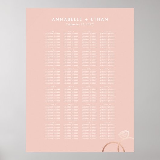 Roos Gold Modern Rings Blush Wedding Seating Chart Poster (Voorkant)