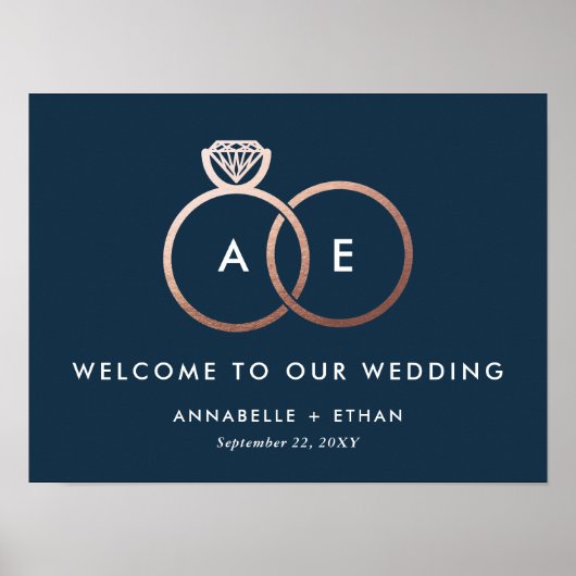 Roos Gold Modern Rings Navy Wedding Welkom Poster (Voorkant)