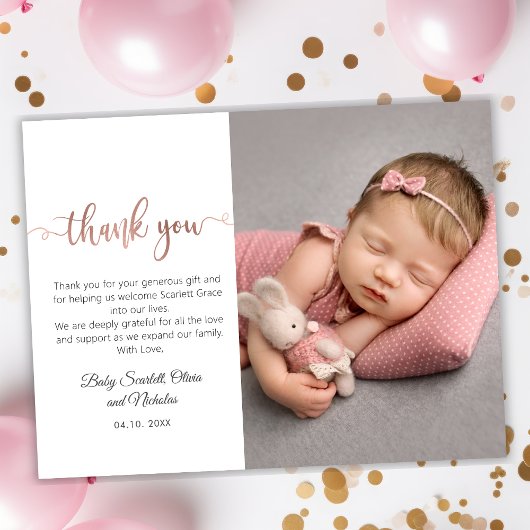 Roos Gold Modern Script Baby Foto Dank u Briefkaart