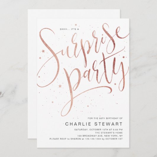 Roos Gold Modern Script Verrassingsverjaardagsfees Kaart (Voorkant / Achterkant)