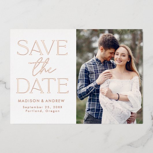Roos Gold Modern Typografie Foto Save the Date Folie Uitnodiging (Voorkant)