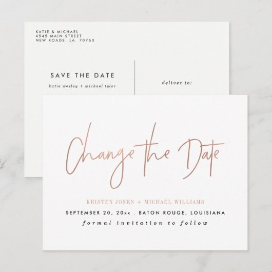 Roos Gold Modern Verander de Datum Aankondigingskaart (Voorkant / Achterkant)