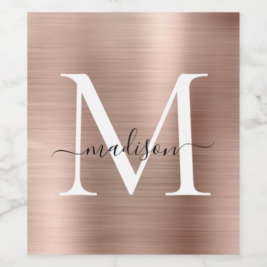 Roos Gold Monogram Girly Script Metallic Steel Wijn Etiket (Enkel label)