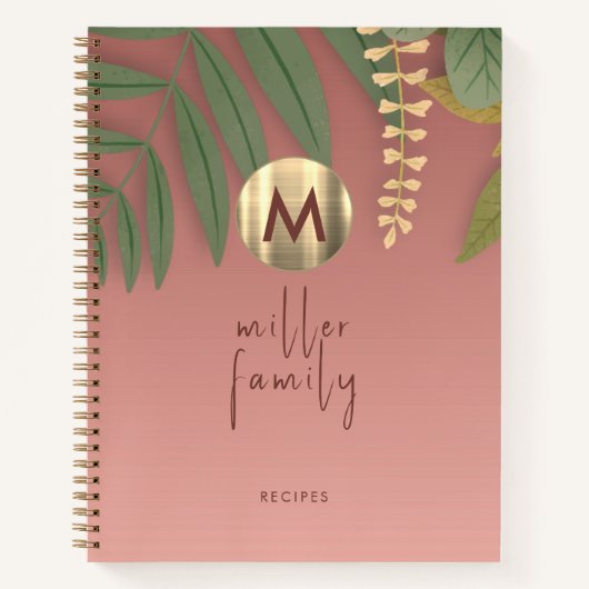 Roos Gold Monogram Greenery Family Recipe Book Notitieboek (Voorkant)