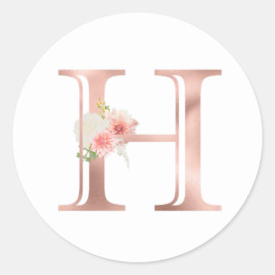 Roos Gold Monogram Letter H Blush Pink Flower Foli Ronde Sticker