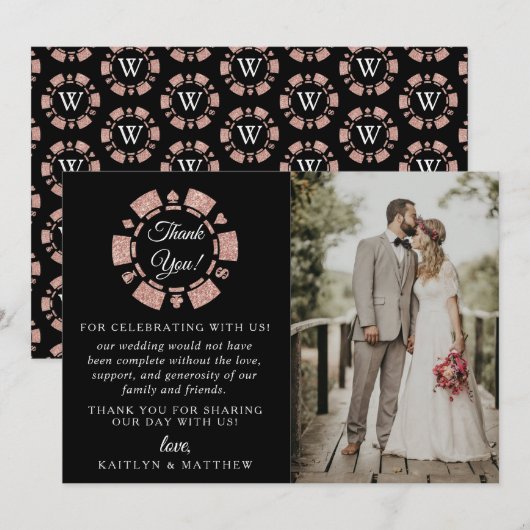 Roos Gold Monogram Poker Chip Casino Wedding Bedankkaart (Voorkant / Achterkant)