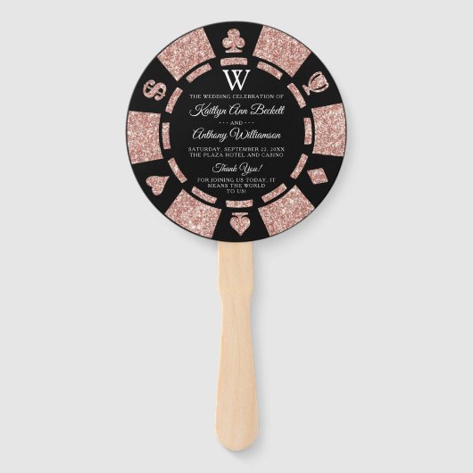 Roos Gold Monogram Poker Chip Casino Wedding Handwaaier (Voorkant)