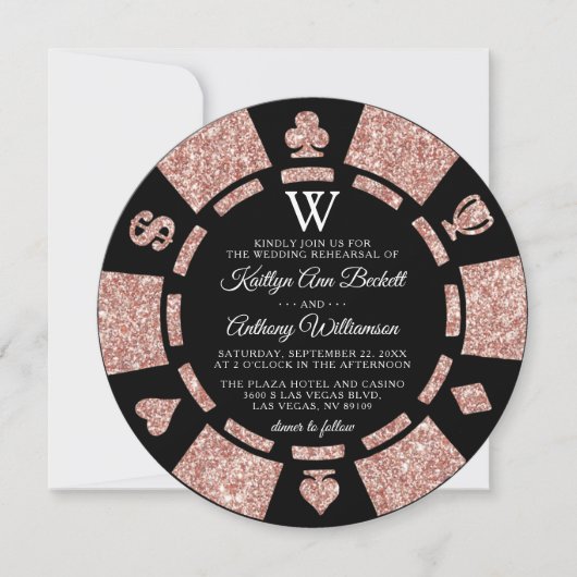Roos Gold Monogram Poker Chip Casino Wedding Kaart (Voorkant)