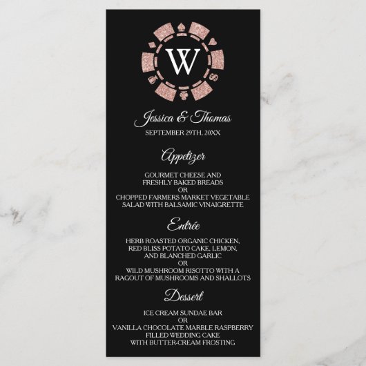 Roos Gold Monogram Poker Chip Casino Wedding Menu (Voorkant)