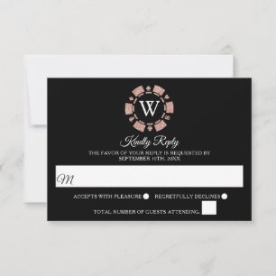 Roos Gold Monogram Poker Chip Casino Wedding RSVP Kaartje