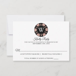 Roos Gold Monogram Poker Chip Casino Wedding RSVP Kaartje