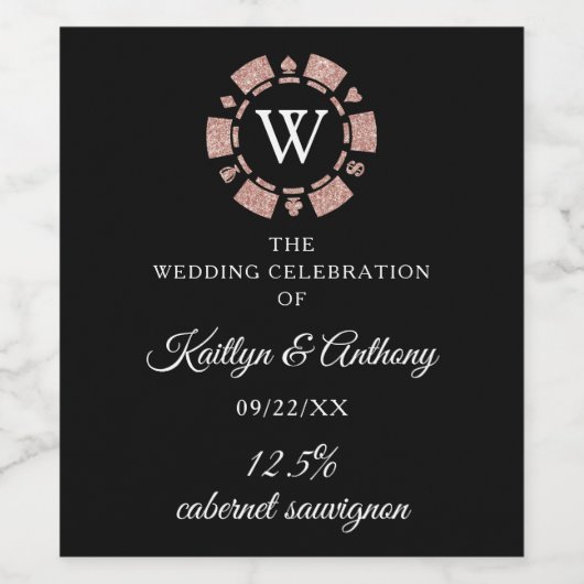 Roos Gold Monogram Poker Chip Casino Wedding Wijn Etiket (Enkel label)