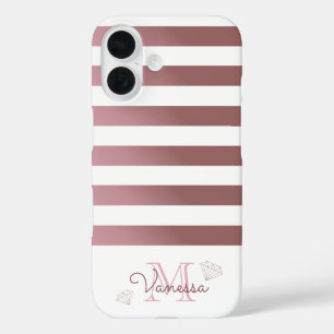 Roos Gold Monogram Stripes met geometrische diaman iPhone 16 Hoesje