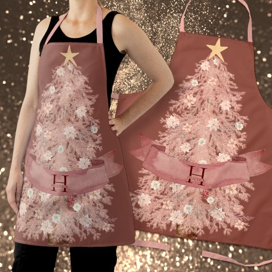 Roos Gold Monogram Waterverf Roze kerstboom Schort