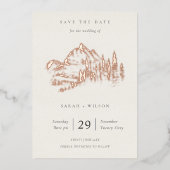 Roos Gold Mountain Pine Sketch bewaart de datum Folie Uitnodiging (Voorkant)