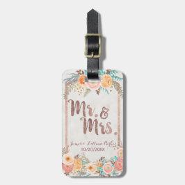 Roos Gold Mr. en Mrs. Floral Monogram Wedding Bagagelabel