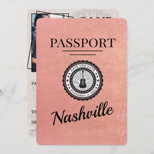 Roos Gold Nashville Passport Bewaar de datum Save The Date (Voorkant / Achterkant)