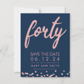 Roos Gold Navy 40e Verjaardag Opslaan Datum Confet Kaart (Voorkant)