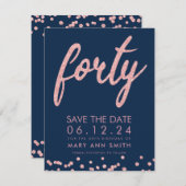 Roos Gold Navy 40e Verjaardag Opslaan Datum Confet Kaart (Voorkant / Achterkant)