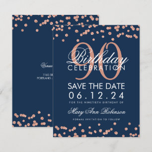 Roos Gold Navy 90th Birthday Save Date Confetti Kaart