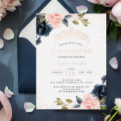 Roos Gold Navy Bloemen Quinceanera Folie Uitnodigi Folie Uitnodiging