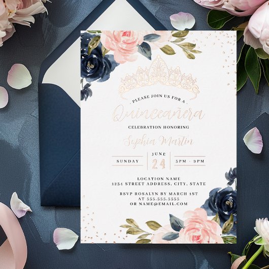 Roos Gold Navy Bloemen Quinceanera Folie Uitnodigi Folie Uitnodiging