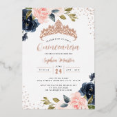 Roos Gold Navy Bloemen Quinceanera Folie Uitnodigi Folie Uitnodiging (Voorkant)
