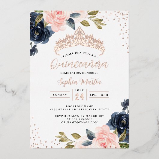Roos Gold Navy Bloemen Quinceanera Folie Uitnodigi Folie Uitnodiging (Voorkant)