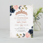 Roos Gold Navy Bloemen Quinceanera Folie Uitnodigi Folie Uitnodiging (Staand Voorkant)