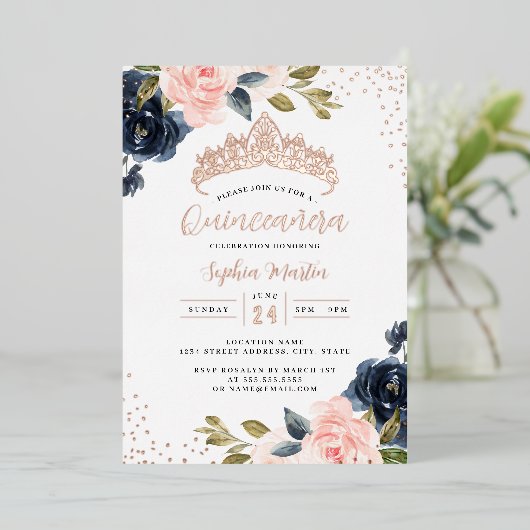 Roos Gold Navy Bloemen Quinceanera Folie Uitnodigi Folie Uitnodiging (Staand Voorkant)
