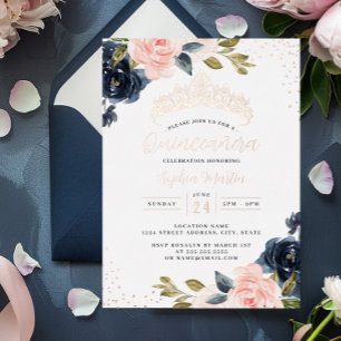 Roos Gold Navy Bloemen Quinceanera Folie Uitnodigi Uitnodiging