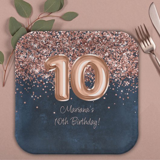 Roos Gold Navy Blue 10e verjaardagsfeestje Papieren Bordje