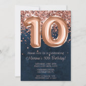 Roos Gold Navy Blue 10e Verjaardagsfeestuitnodigin Kaart (Voorkant)