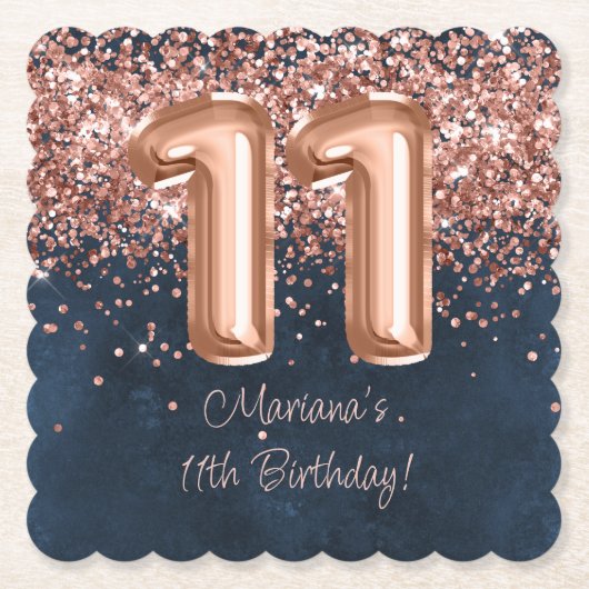 Roos Gold Navy Blue 11e verjaardagsfeestje Kartonnen Onderzetters (Voorkant)