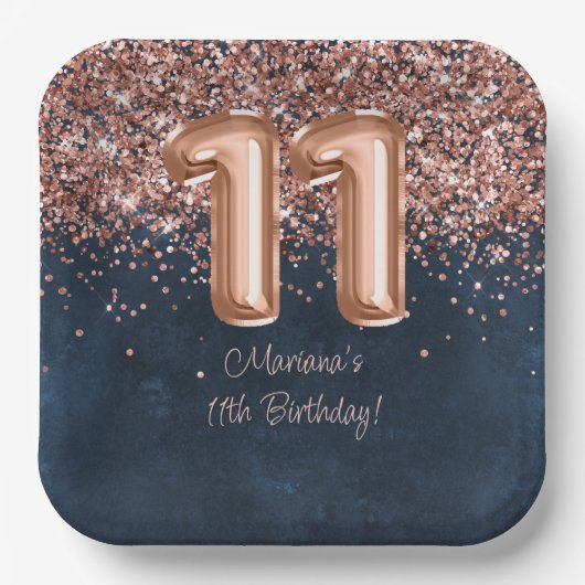 Roos Gold Navy Blue 11e verjaardagsfeestje Papieren Bordje (Voorkant)