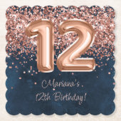 Roos Gold Navy Blue 12e verjaardagsfeestje Kartonnen Onderzetters (Voorkant)