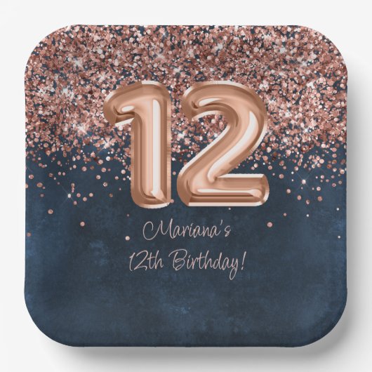 Roos Gold Navy Blue 12e verjaardagsfeestje Papieren Bordje (Voorkant)