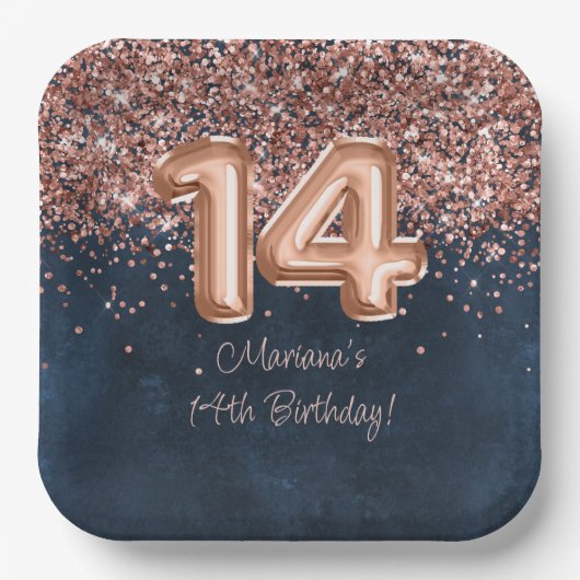 Roos Gold Navy Blue 14e verjaardagsfeestje Papieren Bordje (Voorkant)