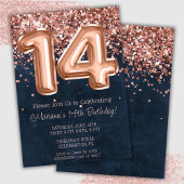 Roos Gold Navy Blue 14e Verjaardagsfeestuitnodigin Kaart
