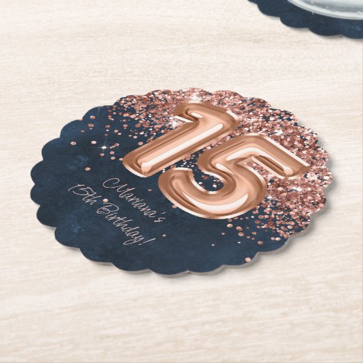 Roos Gold Navy Blue 15e verjaardagsfeestje Kartonnen Onderzetters (Gekanteld)