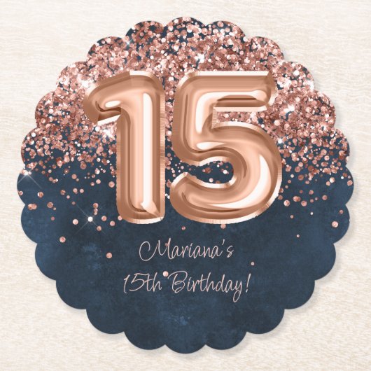 Roos Gold Navy Blue 15e verjaardagsfeestje Kartonnen Onderzetters (Voorkant)