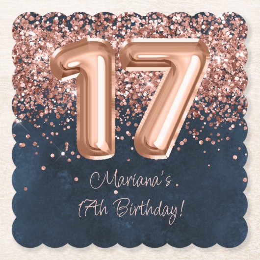 Roos Gold Navy Blue 17e verjaardagsfeestje Kartonnen Onderzetters (Voorkant)